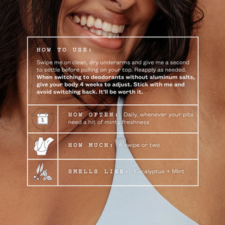 Close-up of a woman's lower face and torso with a white instructional overlay explaining how to use a deodorant stick, including steps, frequency, amount, and scent notes.