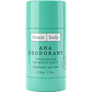 A mint green deodorant stick container labeled 'frank body AHA DEODORANT' on a plain white background.