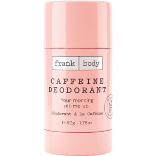 A pink cylindrical deodorant stick with a matching pink cap, featuring the brand name 'frank body' and product name 'CAFFEINE DEODORANT' printed on the front, set against a plain white background.