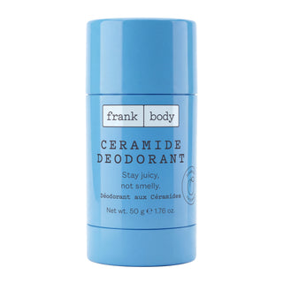 A light blue deodorant stick container with a matching blue cap, featuring the brand name 'frank body' and the text 'CERAMIDE DEODORANT' on the front, set against a plain white background.