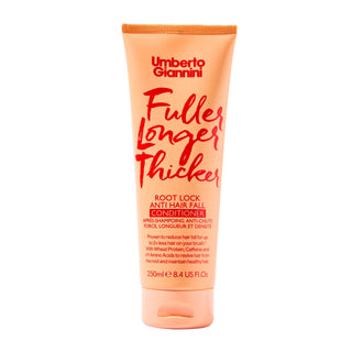 Umberto Giannini Fuller Longer Thicker Root Lock Anti Hair Fall Conditioner in a peach-colored squeeze tube with red text, shown on a plain white background.