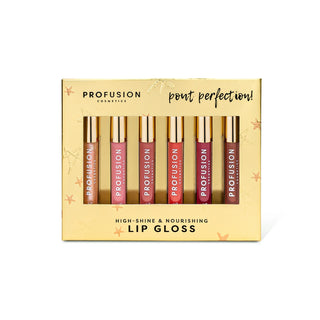 Profusion Cosmetics 'Pout Perfection!' lip gloss set in a gold box, containing six tubes of lip gloss in shades of pink, coral, and mauve.