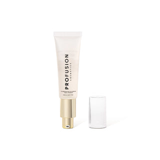Profusion Cosmetics Retinol Gel Cream in a white squeeze tube with a gold pump, shown next to its clear cap on a white background.