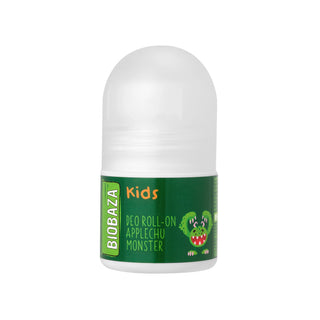 A roll-on deodorant bottle for kids by Biobaza, featuring a green label with a cartoon monster and the text 'Kids' and 'DEO ROLL-ON APPLECHU MONSTER'.
