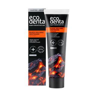 Tub si ambalaj de pasta de dinti Ecodenta Black Volcanic Whitening, pe fundal alb