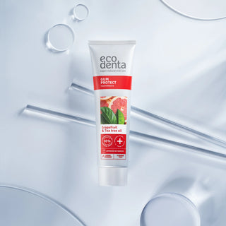 Tub de pasta de dinti Eco Denta Gum Protect, pe fundal albastru deschis
