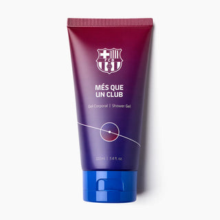 Tub de gel de dus mov cu logo FC Barcelona si capac albastru, pe fundal alb