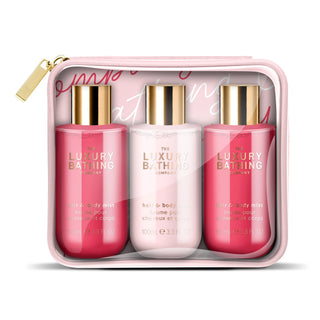 Set Glow & Go, 3 x 100 ml Spray parfumat pentru par & corp, 1 x Borseta reutilizabila, Toasted Marshmallow & Salted Caramel, The Luxury Bathing Company
