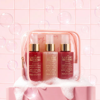 Set Glow & Go, 3 x 100 ml Spray parfumat pentru par & corp, 1 x Borseta reutilizabila, Toasted Marshmallow & Salted Caramel, The Luxury Bathing Company