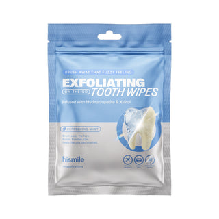 A single stand-up pouch of Hismile Exfoliating Tooth Wipes on a plain white background. The packaging is light blue on top fading to white at the bottom, with large white text and a tooth graphic on the front.