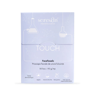 A rectangular box of serReskin Touch FaceTowels, featuring a light lavender and white design with scientific flask illustrations and product details in Romanian.