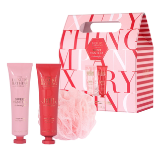 Set cadou Perfect Night In, Sweet Vanilla & Almond Glaze, 100 ml Gel de dus, 100 ml Crema corp & Burete exfoliant corp, The Luxury Bathing Company