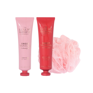 Set cadou Perfect Night In, Sweet Vanilla & Almond Glaze, 100 ml Gel de dus, 100 ml Crema corp & Burete exfoliant corp, The Luxury Bathing Company Tuju -