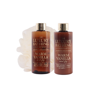 Set cadou Glamorous Glow, Warm Vanilla & Fig, 100 ml Gel de dus, 100 ml Lotiune corp & Burete exfoliant corp, The Luxury Bathing Company Tuju -