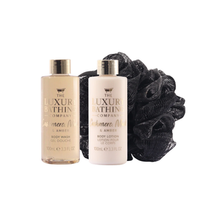 Set cadou Glamorous Glow, Cashmere, Musk & Amber, 100 ml Gel de dus, 100 ml Lotiune corp & Burete exfoliant corp, The Luxury Bathing Company, 3 articole Tuju -