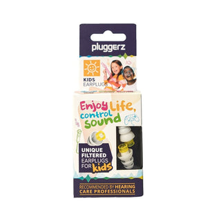 Pluggerez Kids Earplugs in its retail packaging, featuring a white and dark purple cardboard box with colorful text and illustrations.