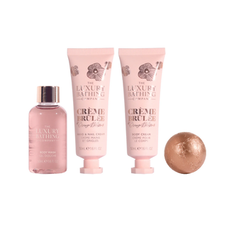 Set cadou Relax & Unwind, Crème Brûlée & Orange Blossom, 50 ml Crema pentru maini si unghii, 50 ml Crema corp, 50 ml Gel de dus, 25 g Bila de baie & Cutie de metal reutilizabila cu capac, The Luxury Bathing Company Tuju -