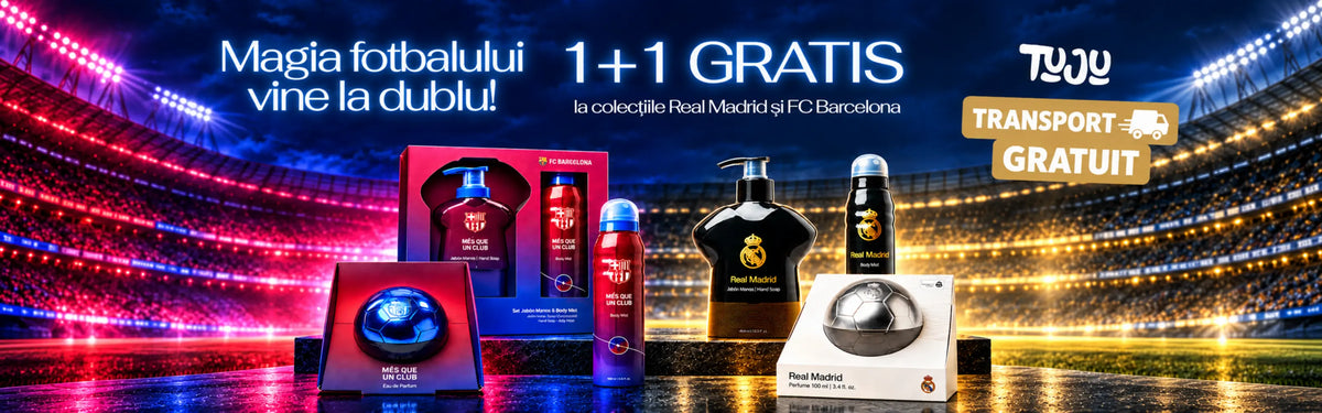 Magia fotbalului vine la dublu! 1+1 GRATIS la colecțiile Real Madrid și FC Barcelona, plus transport gratuit. Ofertă valabilă în perioada 23.10–25.10.2026.